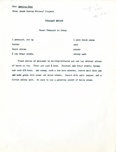 America Eats - South Dakota Field Materials and Correspondence - Pheasant Recipe