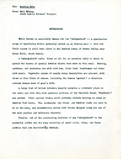 America Eats - South Dakota Field Materials and Correspondence - Emil Ekberg - Smorgasbord