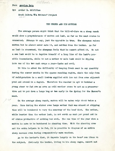 America Eats - South Dakota Field Materials and Correspondence - Archer B. Gilfillan - The Herder and his Muttons