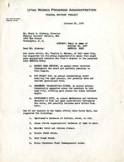 America Eats - Utah Field Materials and Correspondence - To Mr. Alsberg from Mr. Howe
