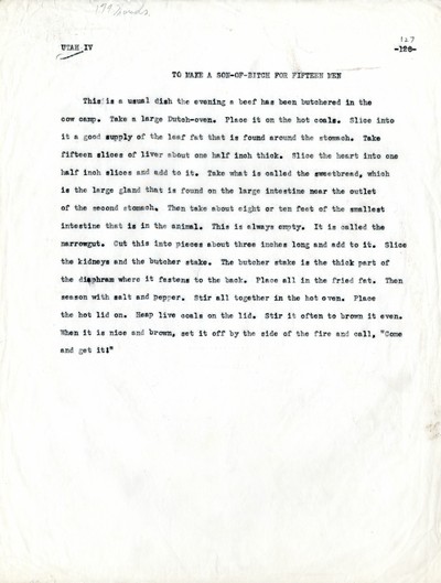 America Eats - Utah Field Materials and Correspondence - To Make a Son-of-Bitch for Fifteen Men