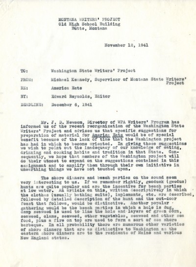 America Eats - Washington Field Materials and Correspondence - Michael Kennedy To Washington State Writers