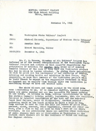 America Eats - Washington Field Materials and Correspondence - Michael Kennedy To Washington State Writers