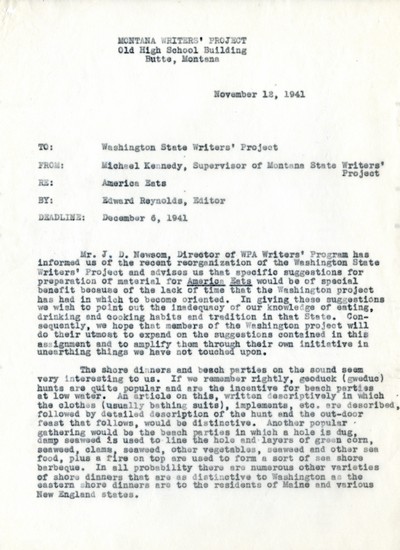 America Eats - Washington Field Materials and Correspondence - To Washington State Writers