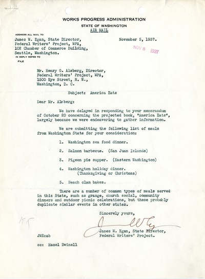 America Eats - Washington Field Materials and Correspondence - To Mr. Alsberg from Mr. Egan