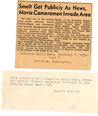 America Eats - Washington Field Materials and Correspondence - Cowlitz River Smelt Run