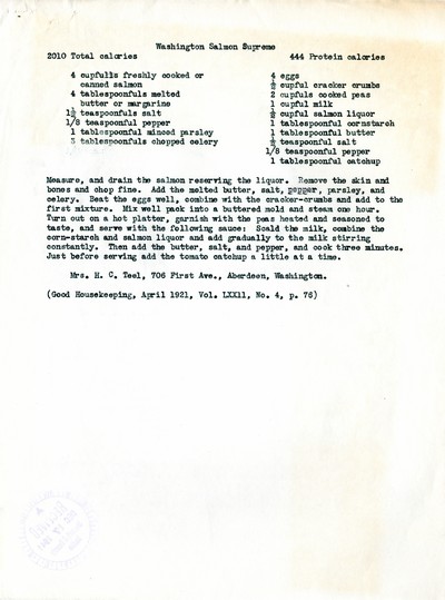 America Eats - Washington Field Materials and Correspondence - Washington Salmon Supreme