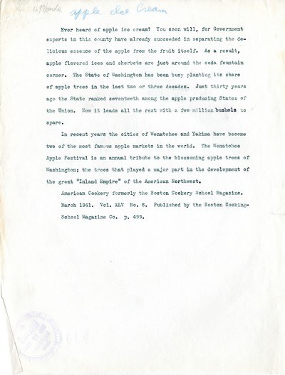 America Eats - Washington Field Materials and Correspondence - Apple Ice Cream