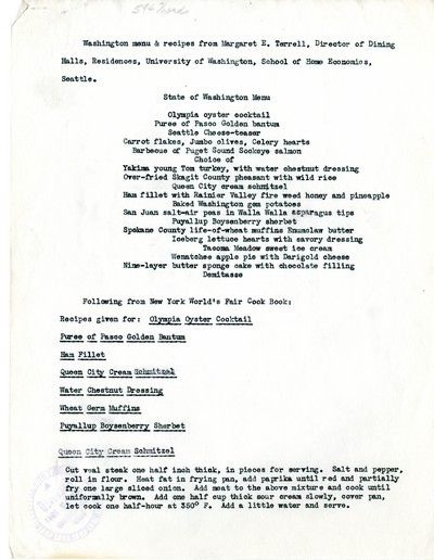 America Eats - Washington Field Materials and Correspondence - University of Washington Menus and Recipes