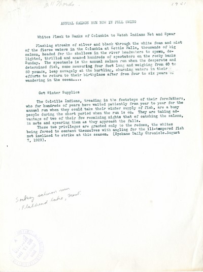 America Eats - Washington Field Materials and Correspondence - Annual Salmon Run Now in Full Swing