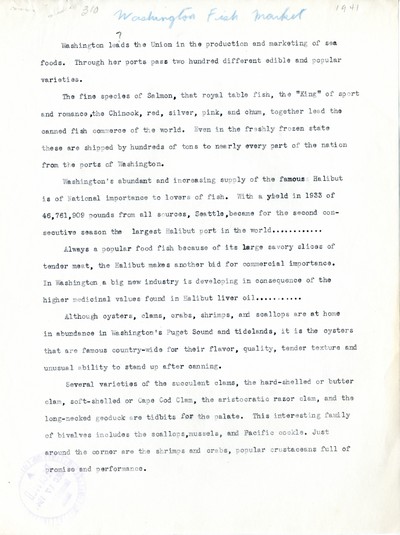 America Eats - Washington Field Materials and Correspondence - Washington Fish Market