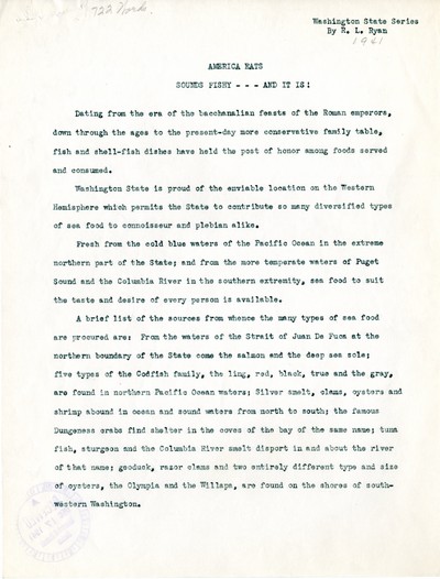 America Eats - Washington Field Materials and Correspondence - R. L. Ryan - Sounds Fishy - - - And It Is!