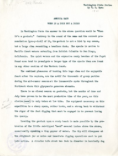 America Eats - Washington Field Materials and Correspondence - R. L. Ryan - When is a Duck not a Duck?