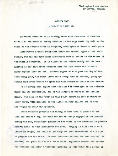America Eats - Washington Field Materials and Correspondence - Carroll Kennedy - A Community Smelt Fry