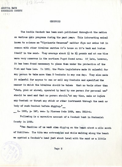 America Eats - Washington Field Materials and Correspondence - Geoducks