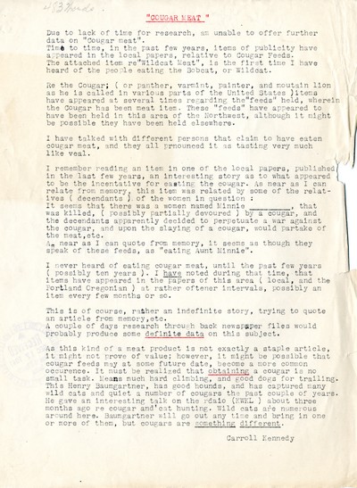 America Eats - Washington Field Materials and Correspondence - Carroll Kennedy - Cougar Meat
