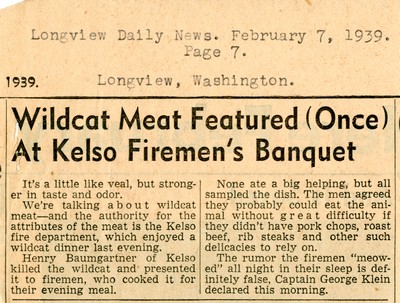 America Eats - Washington Field Materials and Correspondence - Wildcat Meat Featured (Once) At Kelso Firemen