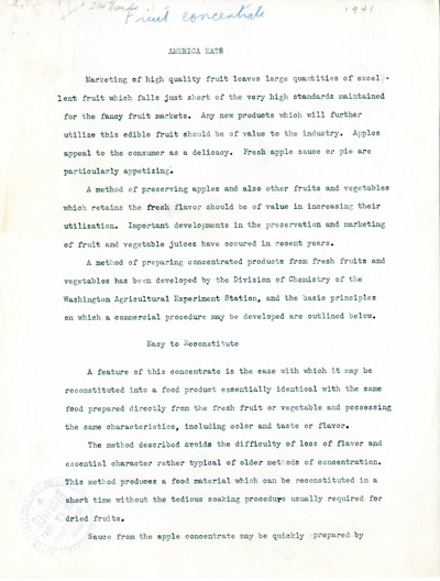 America Eats - Washington Field Materials and Correspondence - Fruit Concentrate