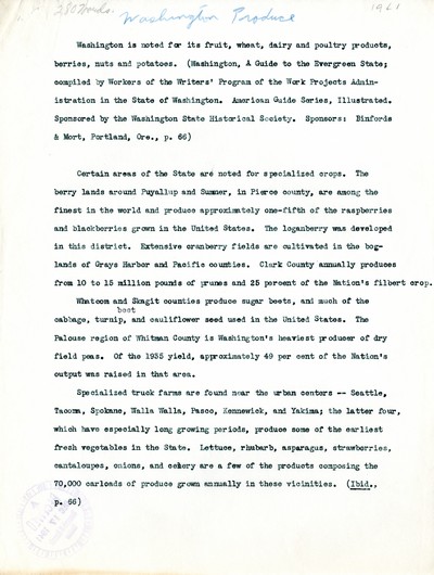 America Eats - Washington Field Materials and Correspondence - Washington Produce