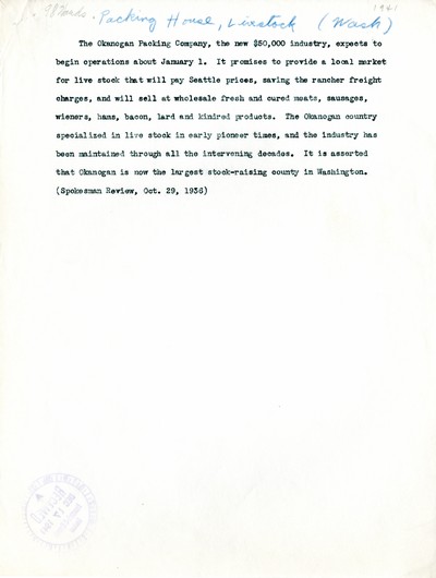 America Eats - Washington Field Materials and Correspondence - Packing House, Livestock