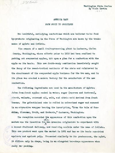 America Eats - Washington Field Materials and Correspondence - Viola Lawton - From Fruit to Fruitlets