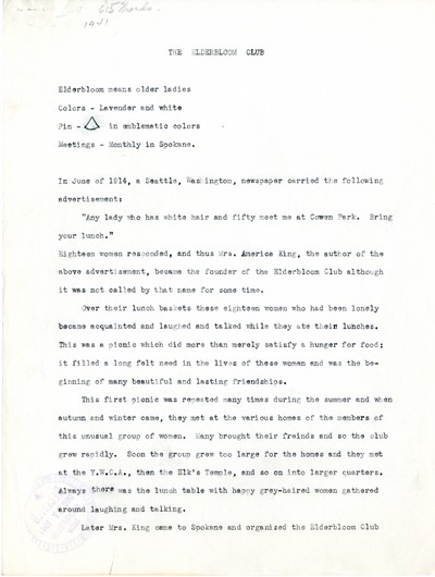 America Eats - Washington Field Materials and Correspondence - The Elderbloom Club