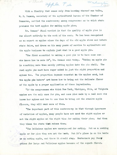 America Eats - Washington Field Materials and Correspondence - Apple Pie