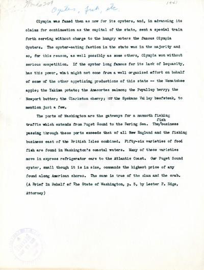 America Eats - Washington Field Materials and Correspondence - Oysters, Fish, etc.