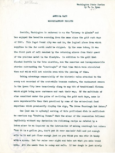 America Eats - Washington Field Materials and Correspondence - R. L. Ryan - Miscellaneous Recipes - Sourdough Hot Cakes
