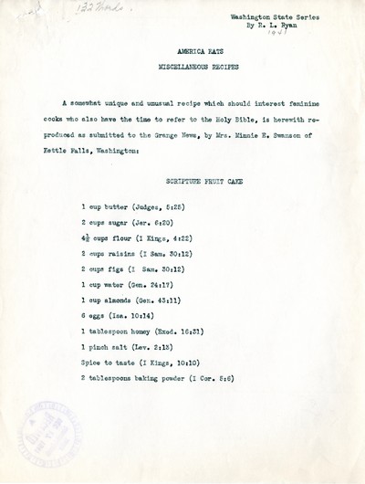 America Eats - Washington Field Materials and Correspondence - R. L. Ryan - Miscellaneous Recipes - Scripture Fruit Cake