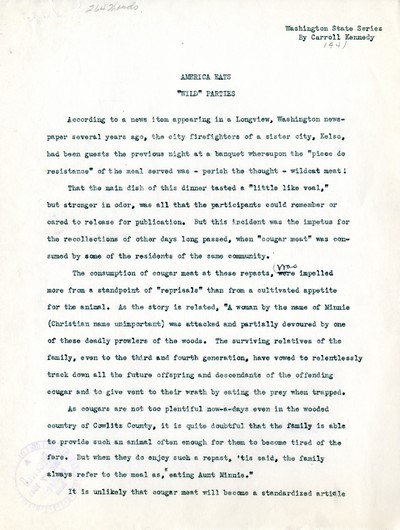 America Eats - Washington Field Materials and Correspondence - Carroll Kennedy - Wild Parties
