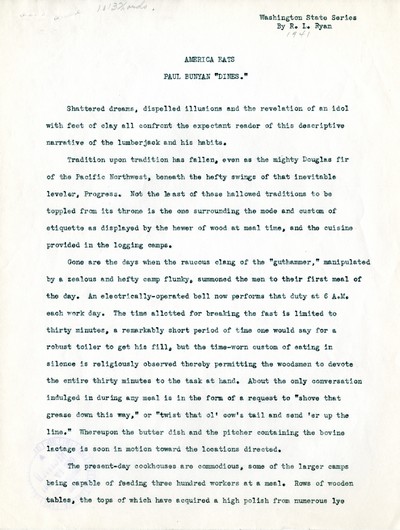 America Eats - Washington Field Materials and Correspondence - R. L. Ryan - Paul Bunyan