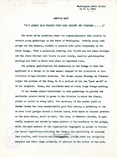 America Eats - Washington Field Materials and Correspondence - R. L. Ryan - State Grange Dinners