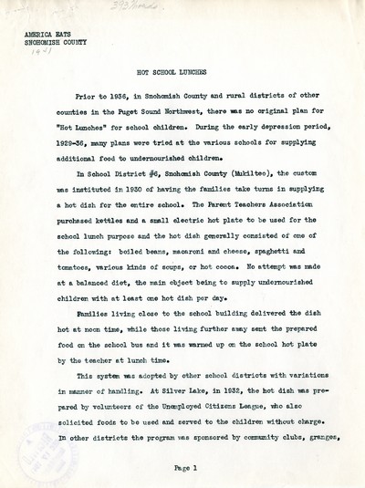 America Eats - Washington Field Materials and Correspondence - Hot School Lunches
