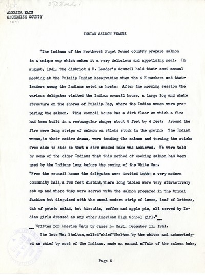 America Eats - Washington Field Materials and Correspondence - Indian Salmon Feasts
