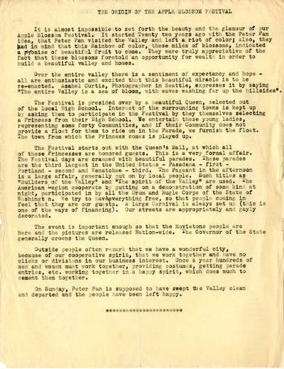America Eats - Washington Field Materials and Correspondence - The Origin of the Apple Blossom Festival