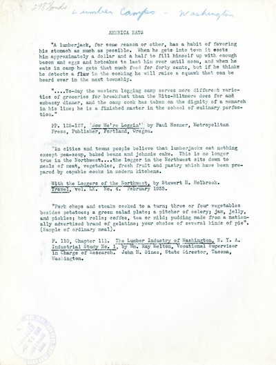 America Eats - Washington Field Materials and Correspondence - Lumberjack Camps