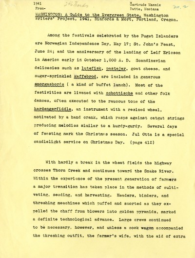 America Eats - Washington Field Materials and Correspondence - Gertrude Mannix - From-Washington: A Guide to the Evergreen State