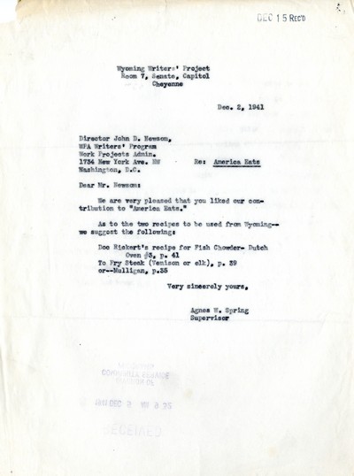 America Eats - Wyoming Field Materials and Correspondence - To Mr. Newsom from Agnes W. Spring