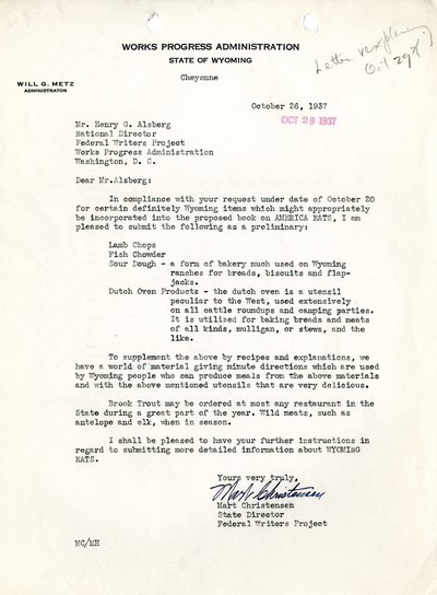 America Eats - Wyoming Field Materials and Correspondence - To Mr. Alsberg from Mr. Christensen