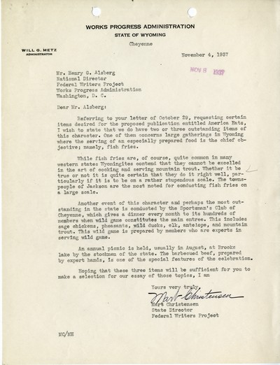 America Eats - Wyoming Field Materials and Correspondence - To Mr. Alsberg from Mr. Christensen