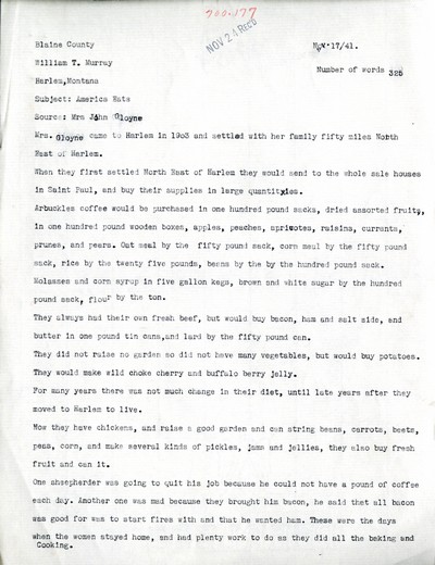 America Eats - Blaine County - Mrs. Gloyne - Food supply of an early Harlem family