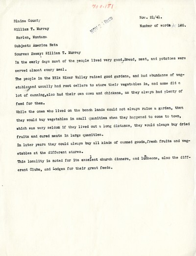 America Eats - Blaine County - William T. Murray - Essay