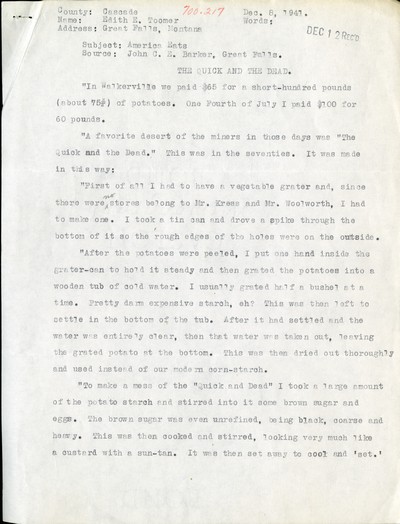 America Eats - Cascade County - John C. E. Barker - The Quick and the Dead