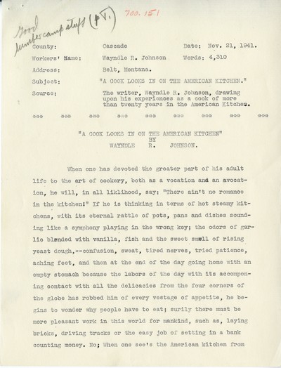 America Eats - Cascade County - Wayndle R. Johnson - A Cook Looks in on the American Kitchen