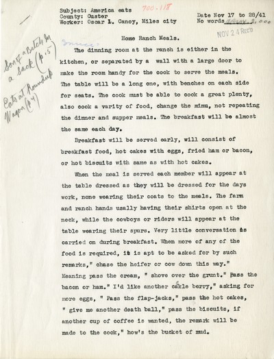 America Eats - Custer County - Oscar L. Canoy - Home Ranch Meals