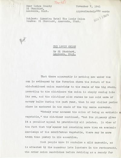 America Eats - Deer Lodge County - Si Stoddard - The Lowly Onion