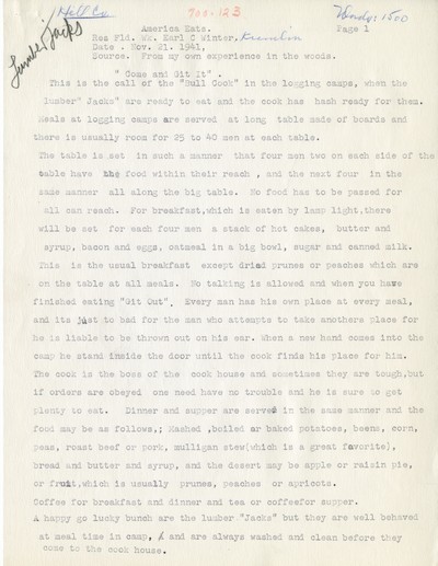 America Eats - Hill County - Earl C. Winter - From my own experience in the woods