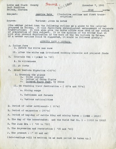 America Eats - Lewis and Clark County - Gail Hamilton - Helena Notes