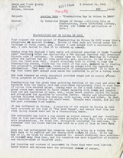 America Eats - Lewis and Clark County - Gail Hamilton - Thanksgiving Day in Helena in 1865